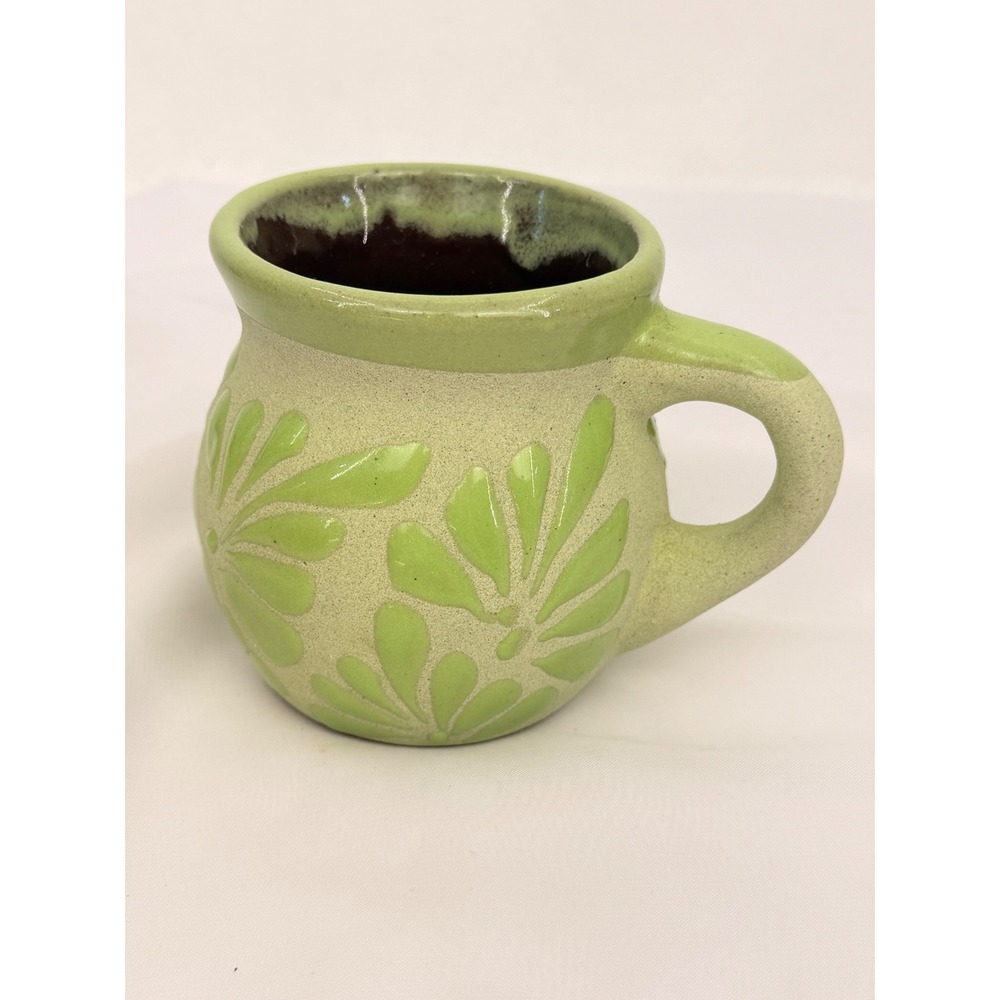 Handmade Mexican Jarrito Mug Green Floral Textured Pottery Stoneware 4.5 inch